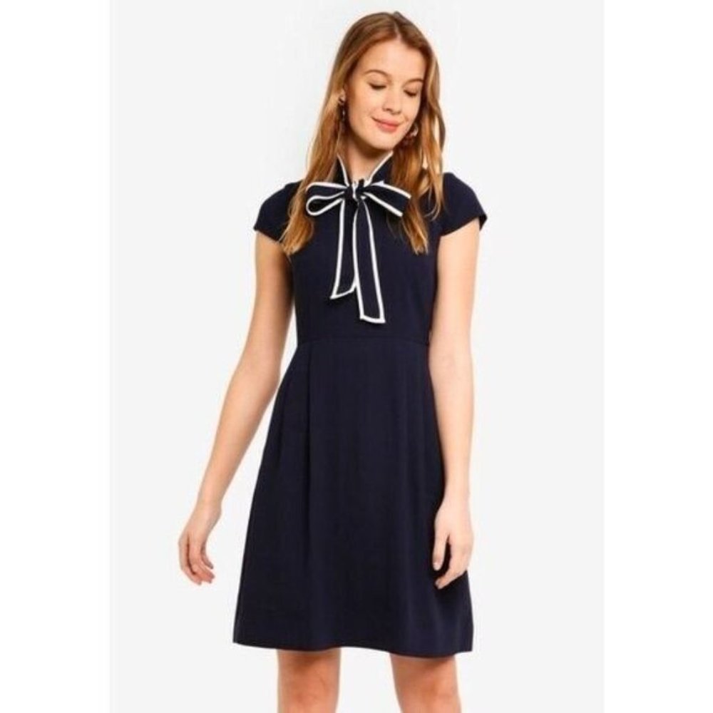J Crew NWT Bow Tie Neck Dress 365 Crepe Cap Sleeve J2557 Navy Blue White